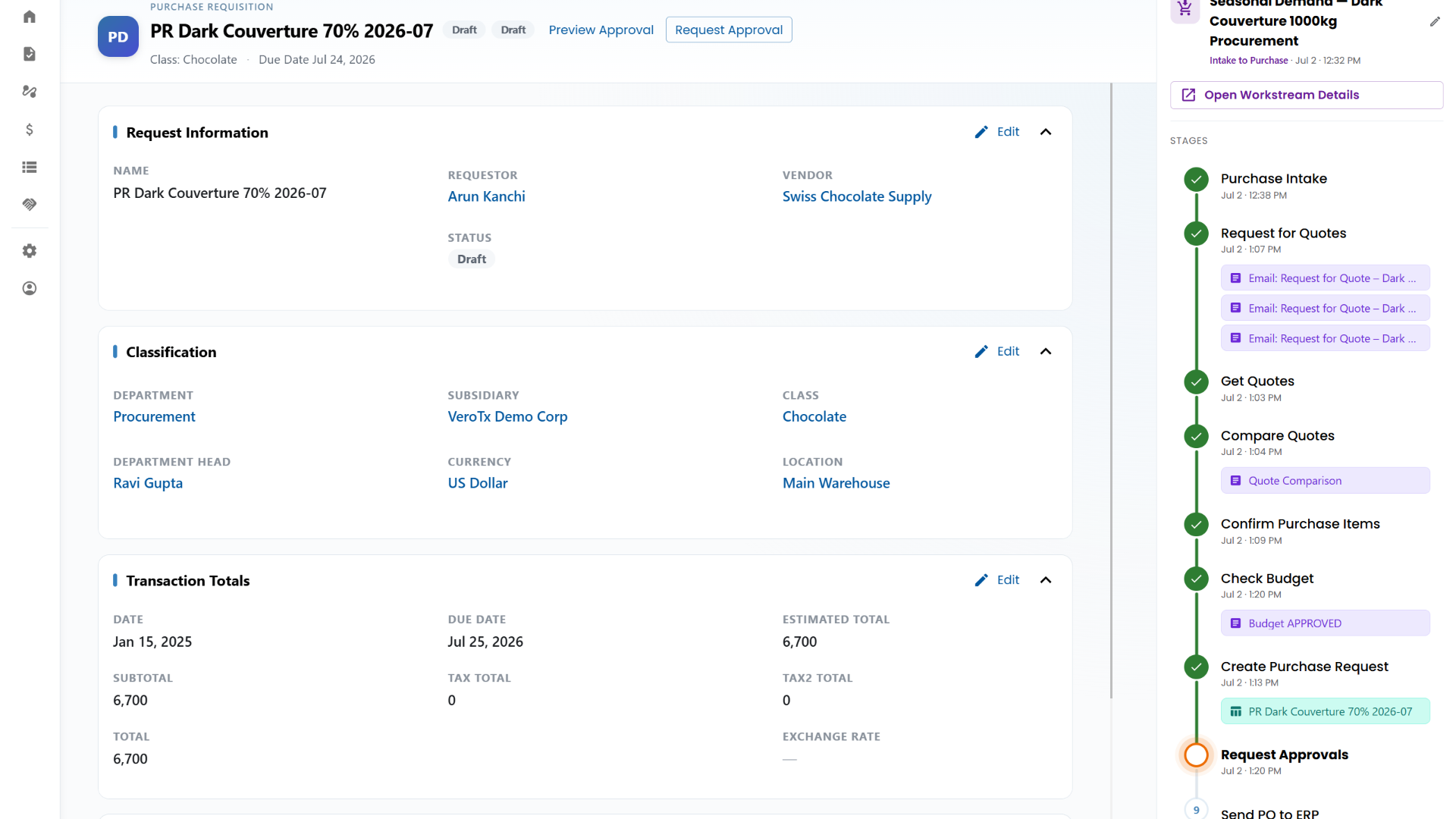 Purchase Requisition drafted in the ERP