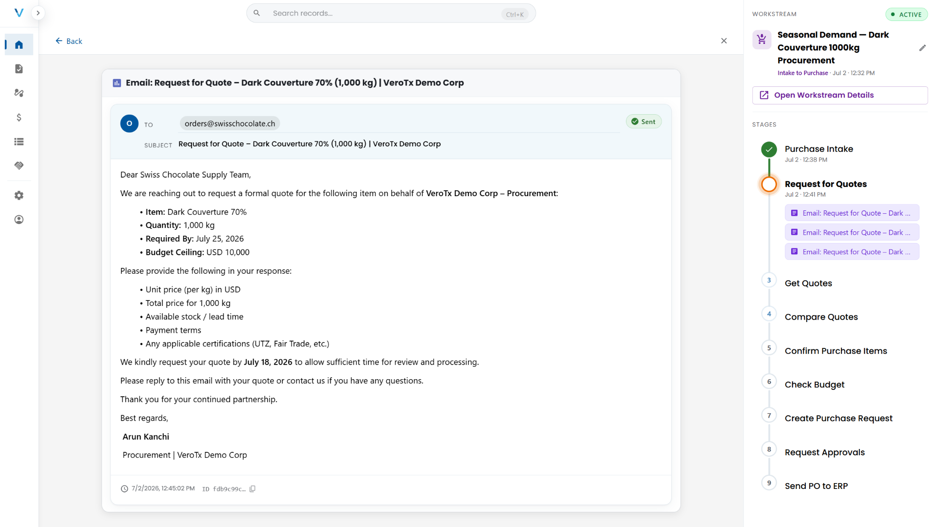 RFQ emails dispatched to vendors