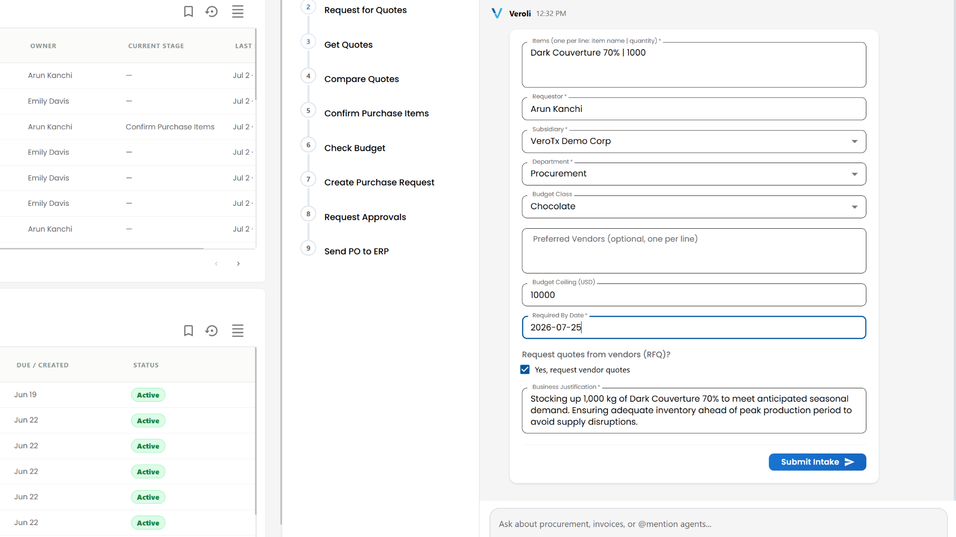 Purchase intake form captured by Veroli