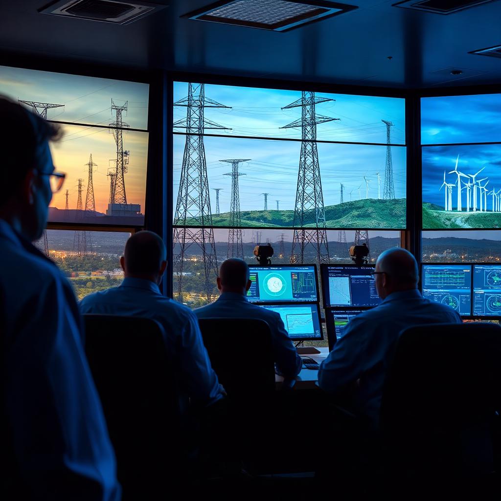 Energy and utilities operations team monitoring grid assets and field crews from a control room