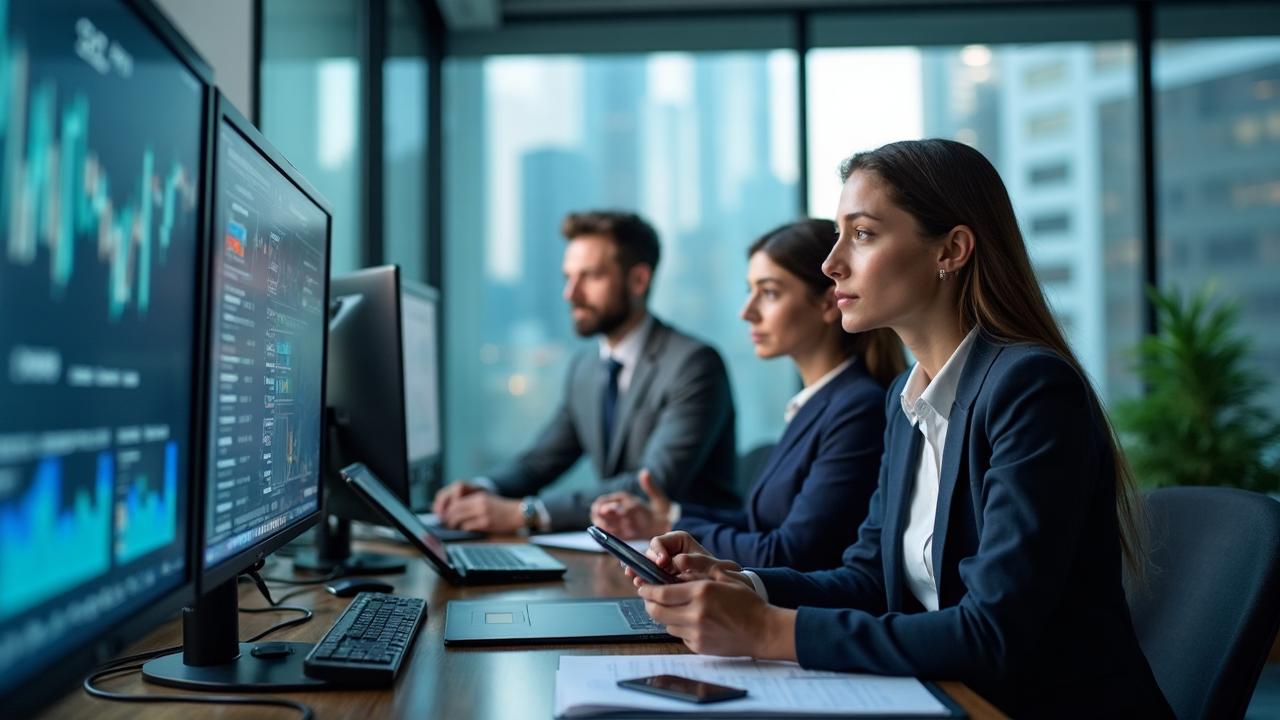 Financial services professionals analyzing data