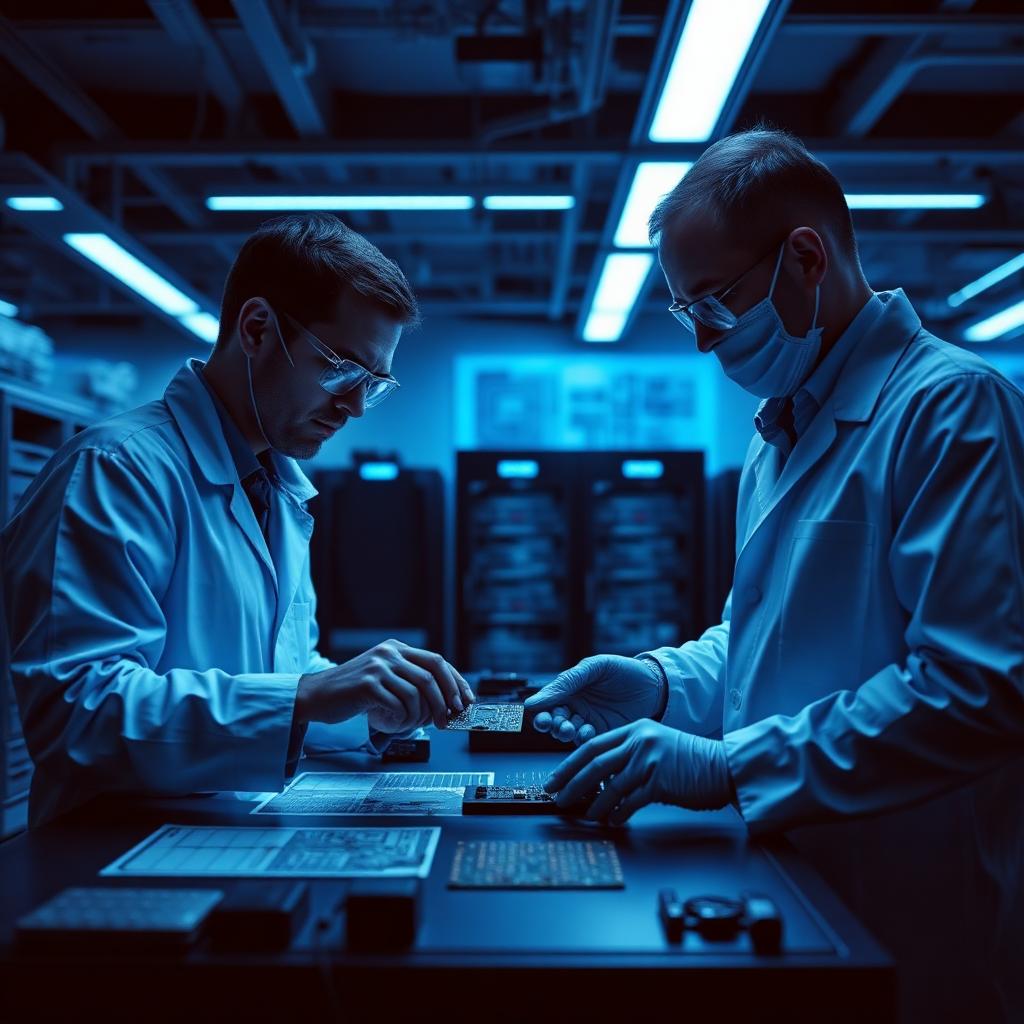 Hardware engineers examining silicon and circuit boards in a clean room