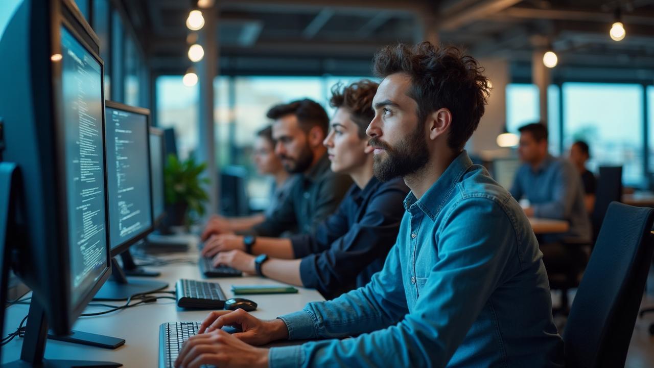 High-tech software engineers working together