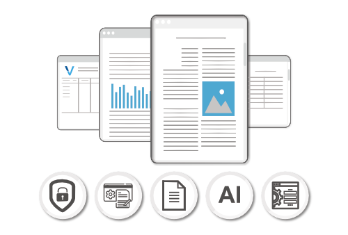 Layers of screens showing business contracts and documents. A row of icons below convey dynamic multi-page forms, data validation, file uploads and integration with third-party applications.