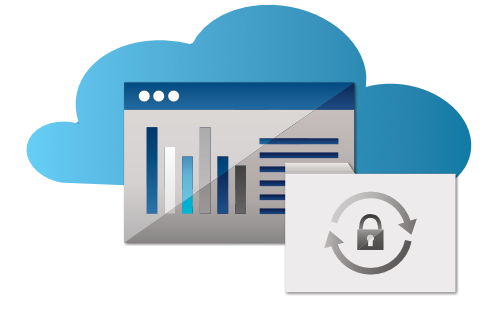 A cloud, a screen with graphs and charts on it and a lock icon to convey safe, archival storage at VeroTX.