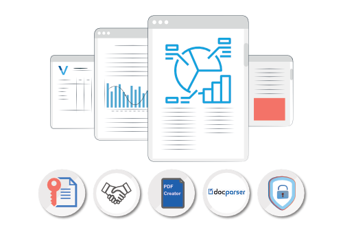 Layers of screens showing data analytics, text, graphs and tables with icons below to convey the comprehensive offerings of VeroTX.